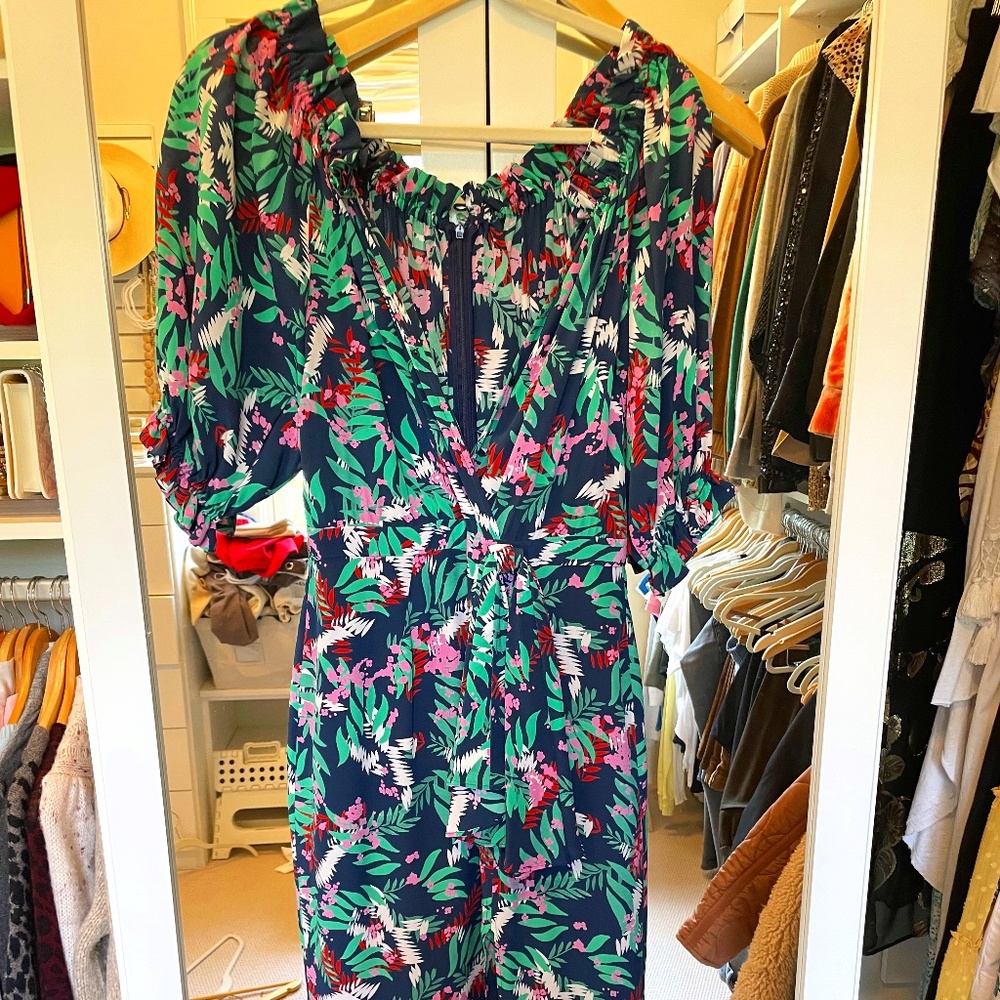 Saloni Midi Dress, Size 8, Navy blue with botanical pattern